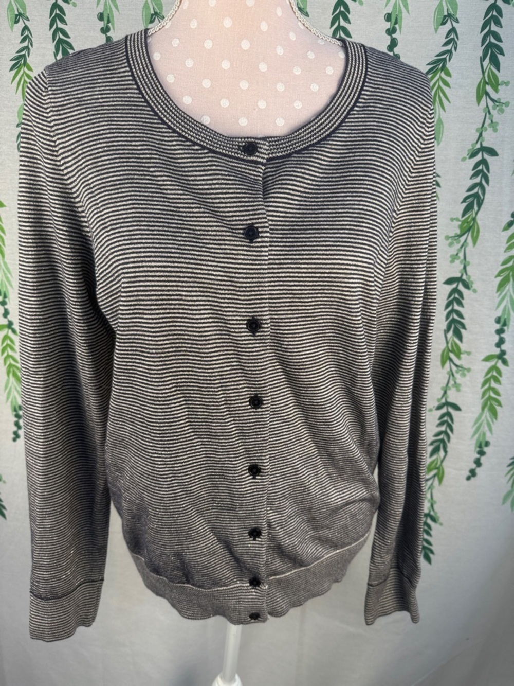 Talbots Gray and White Striped Cotton Cardigan B5